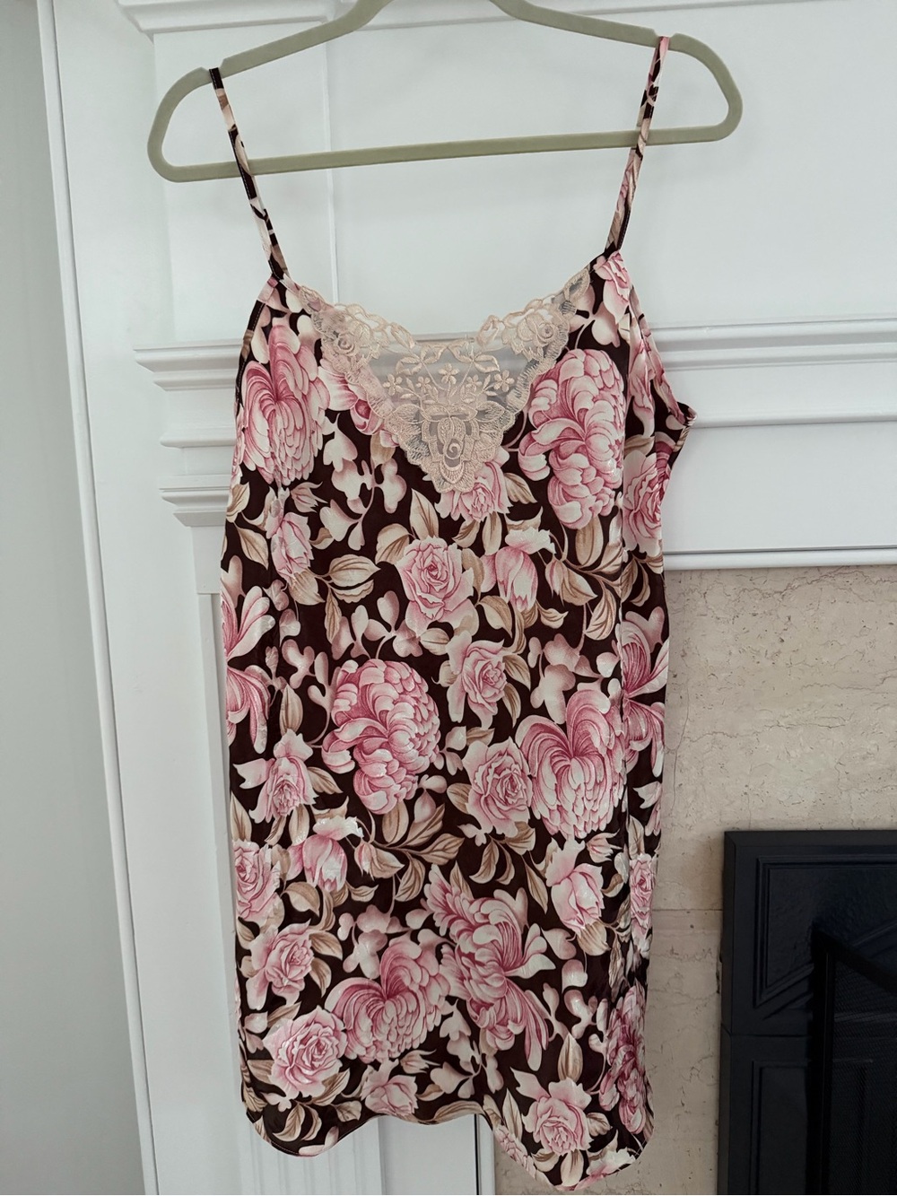 Vintage Floral Lace Sleeveless Satin Chemise Nightgown Lingerie Rosette Dress